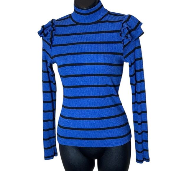 T.la Anthropologie striped ruffle turtleneck top new xs blue/black - Picture 2 of 7